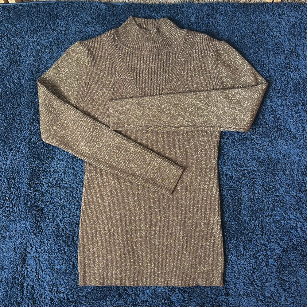 NWOT OLIVER O Metallic Gold Brown Ribbed Long Sleeve Mockneck Sweater Size Small